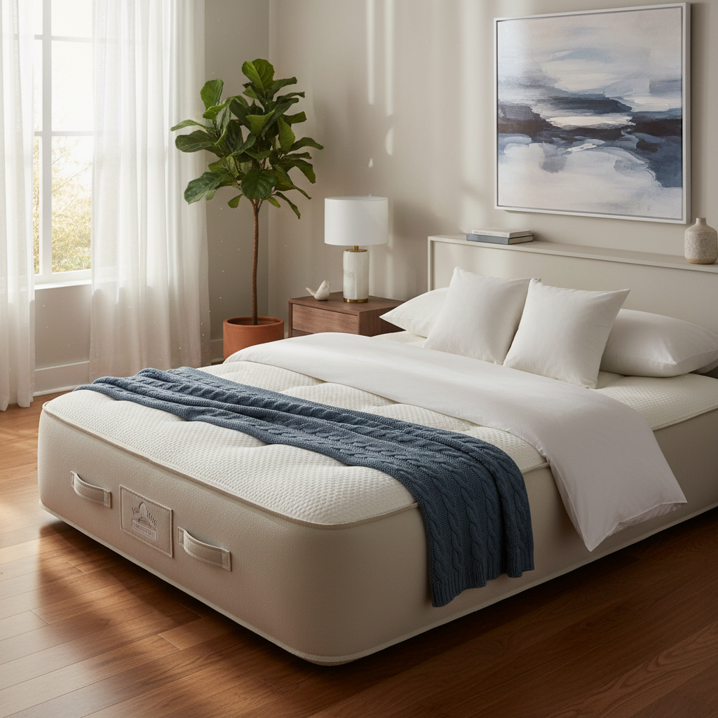 A luxurious guest room interior featuring a high-profile queen-size air mattress with a plush flocked top, neatly dressed with white linens and a cozy throw blanket, natural sunlight filtering through a window, 8k resolution, photorealistic style.