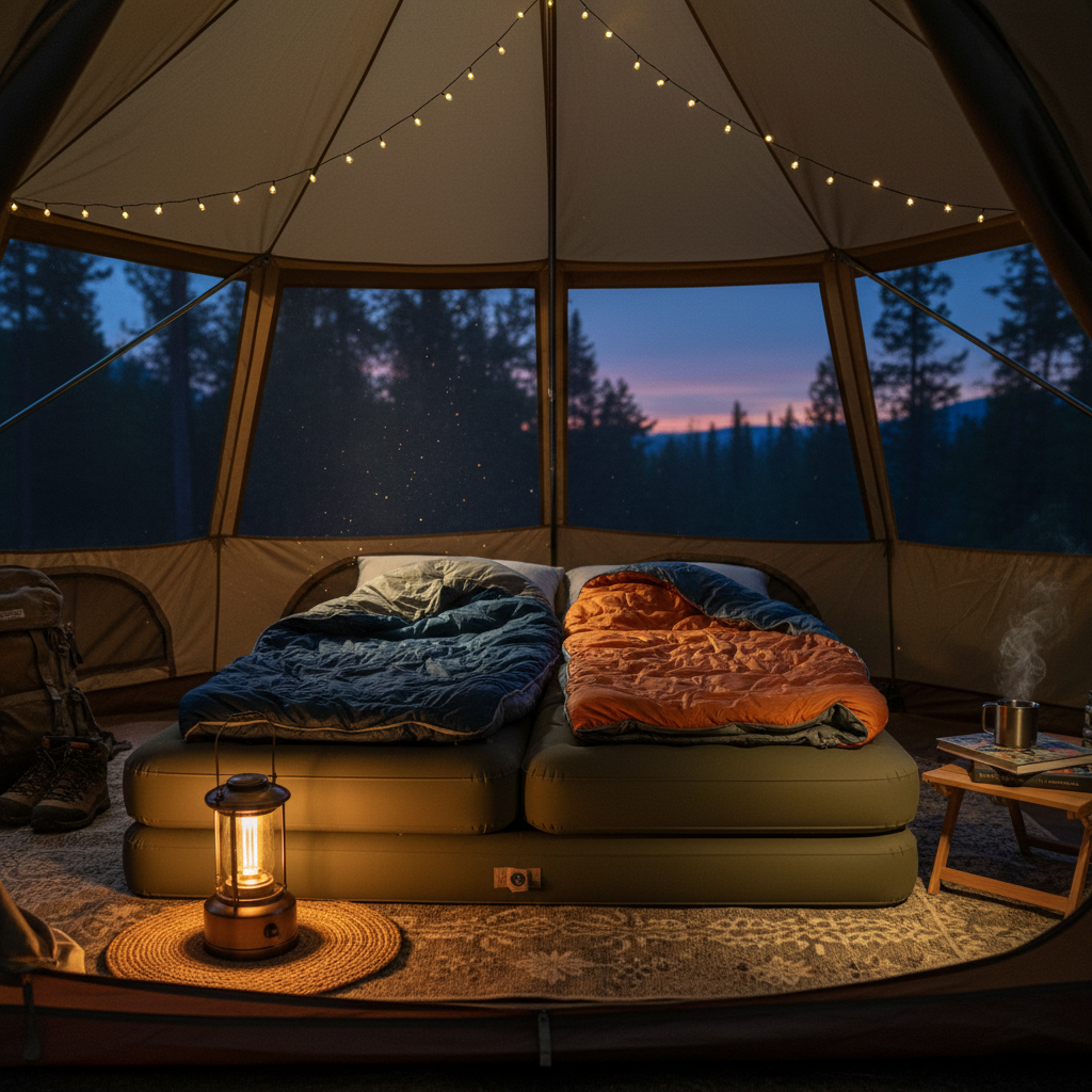 A cozy camping scene inside a spacious tent at dusk, a durable double-layered air mattress positioned on the floor with two sleeping bags, a warm glow from a camping lantern nearby, cinematic lighting, ultra-detailed.
