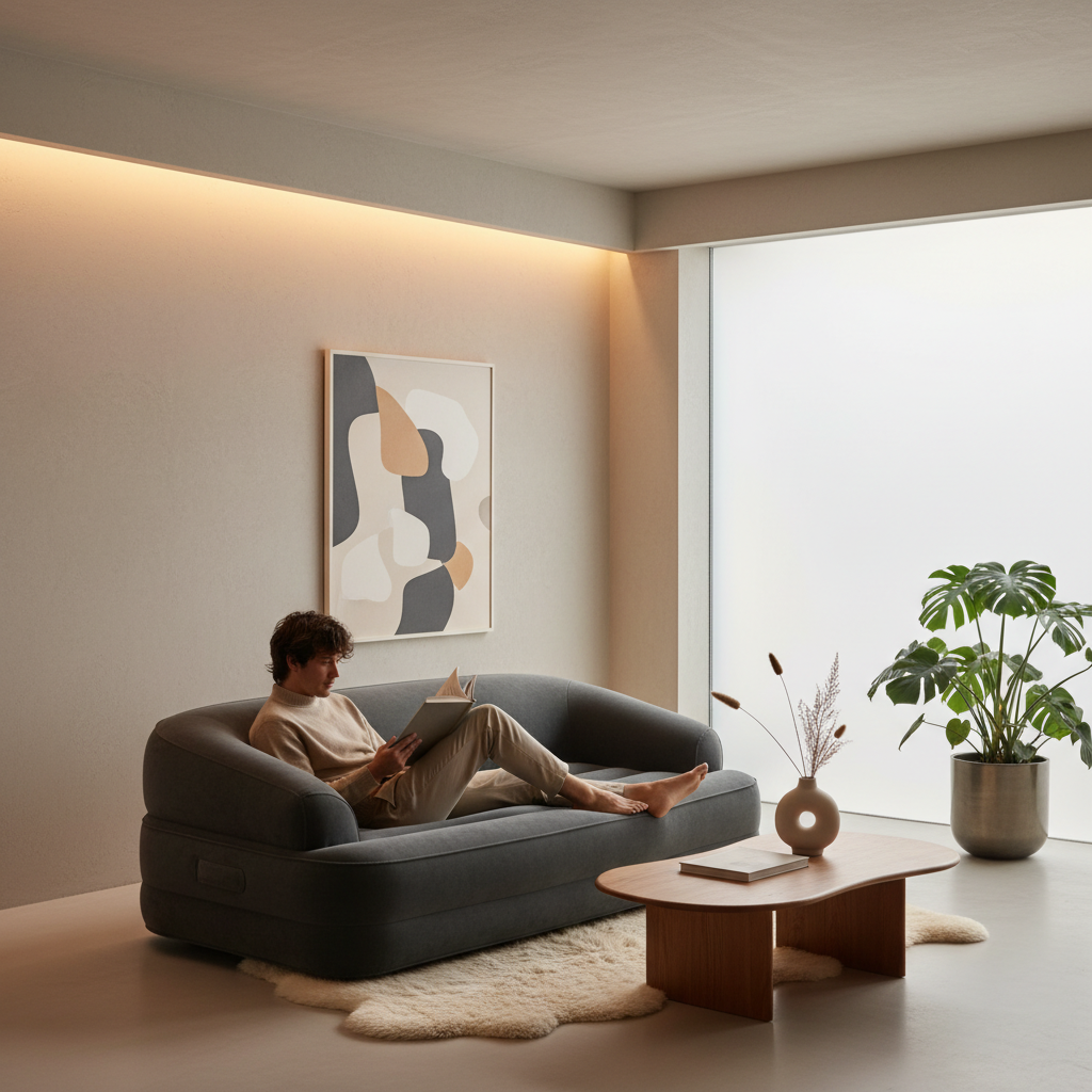 A minimalist modern living room where a stylish gray air mattress is used as a temporary daybed, a person is sitting comfortably reading a book, soft ambient lighting, high-end interior design aesthetic.