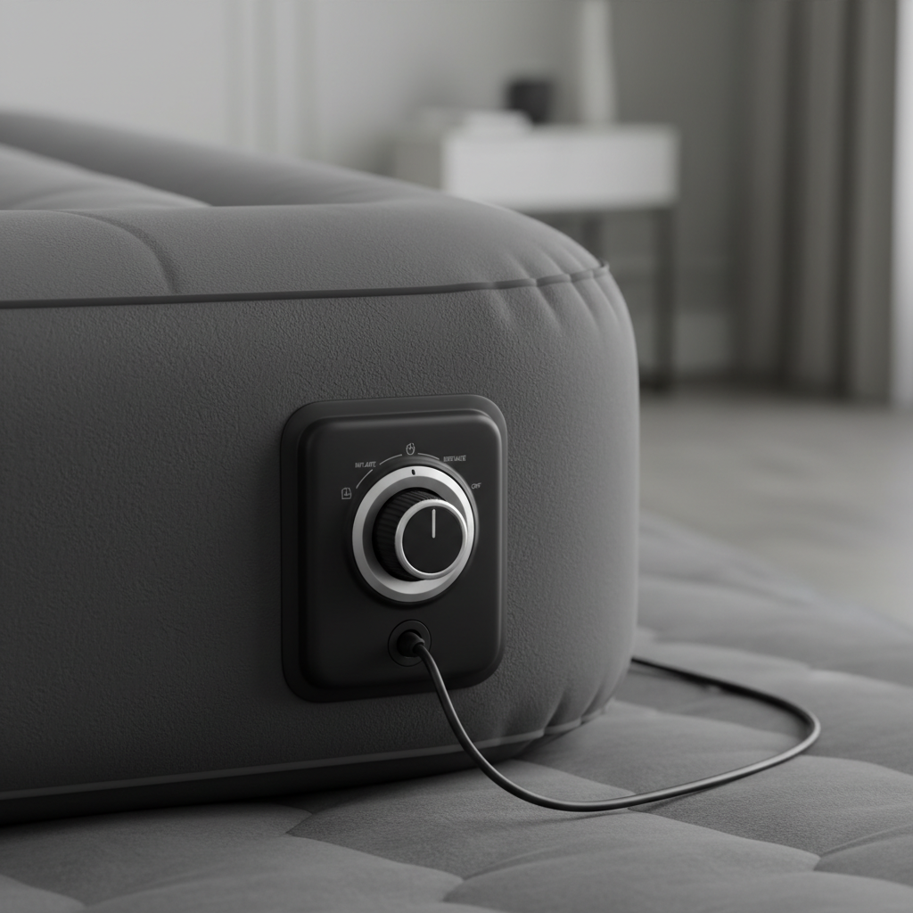 Close-up shot of an integrated internal electric pump on the side of a premium air mattress, showing the control dial and power cord, sleek matte black finish, professional product photography.